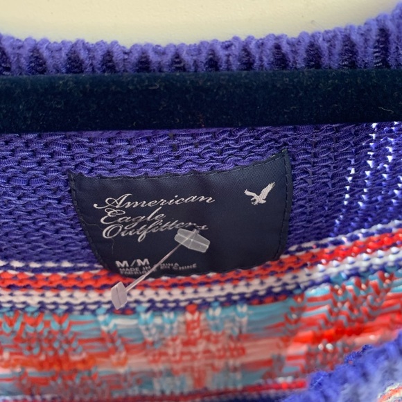 American Eagle Women Chunky Aztec Print Sweater Medium Blue Orange Cotton Nylon - Picture 4 of 7